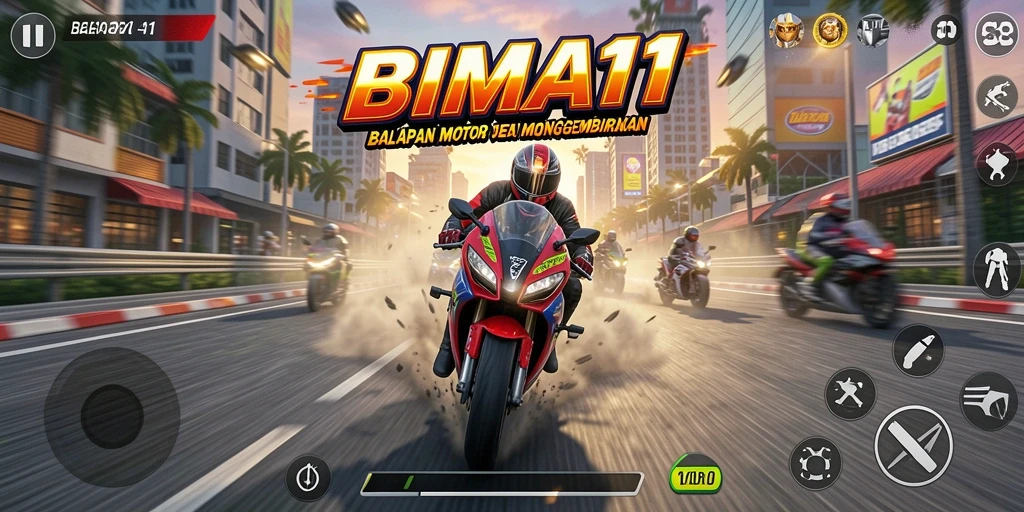 Tampilan gameplay seru di BIMA11 dengan aksi balapan motor.