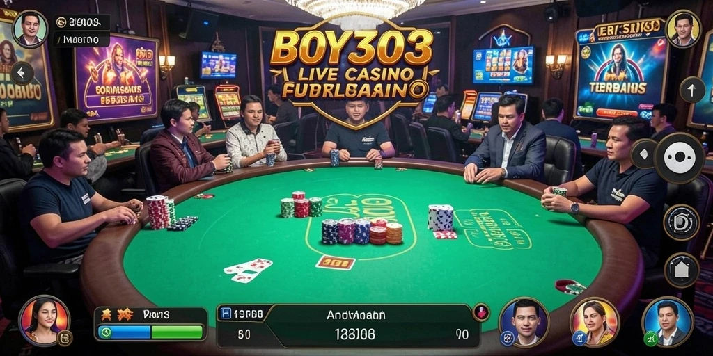 Screenshot BOY303 menunjukkan dealer langsung dalam permainan Live Casino.