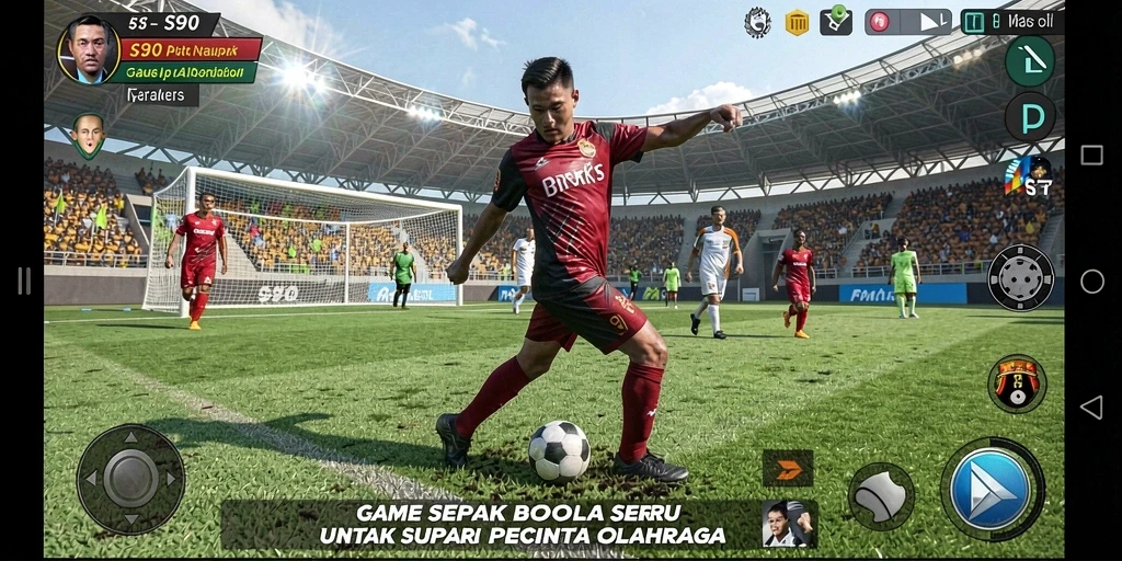 Tangkapan layar dari gameplay S80 yang menampilkan aksi sepak bola yang mendebarkan.