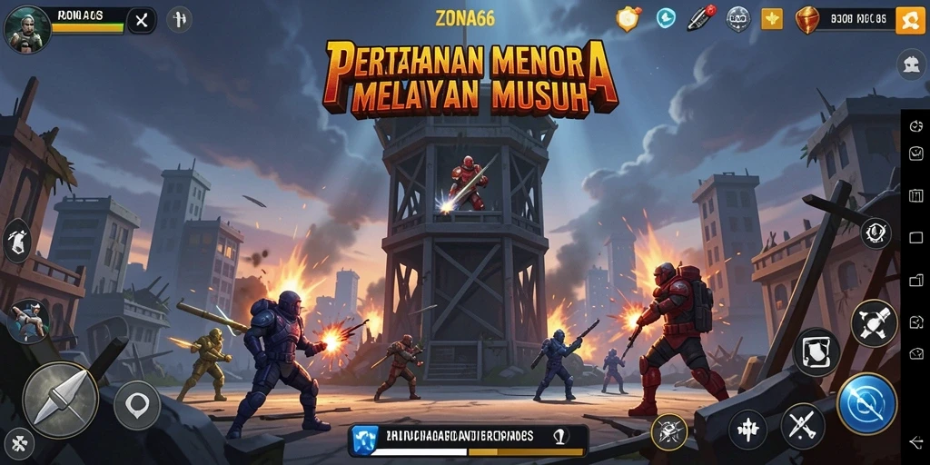 Screenshot gameplay ZONA66 menampilkan pertahanan menara melawan serangan musuh.